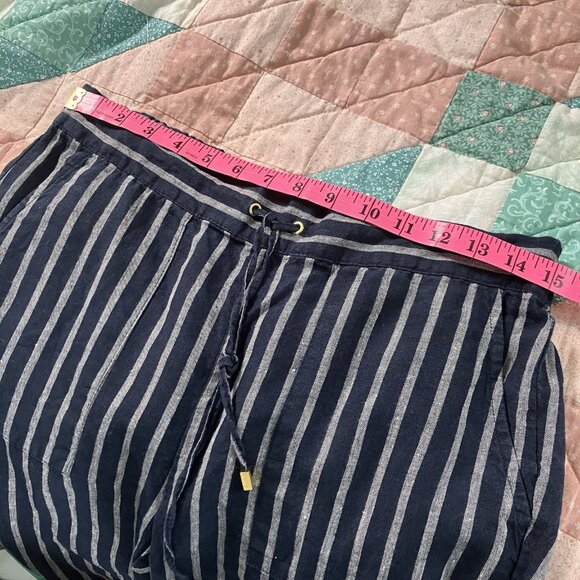 Ellen Tracy Linen Pants Womens S Blue Stripe Cropped Coastal Drawstring Boho - Picture 7 of 10